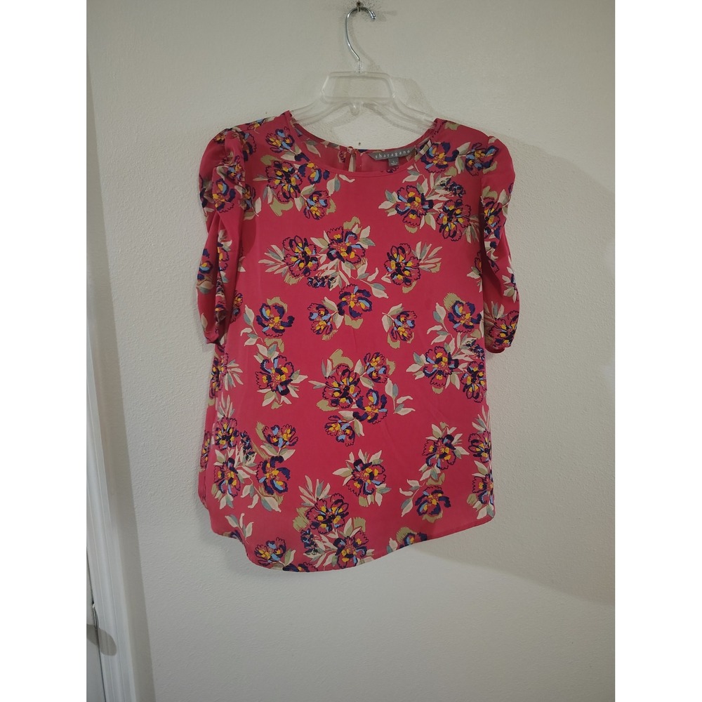 Sharagano Pink Floral Puffed Short Sleeve Keyhole Back Blouse Top‎ Size L